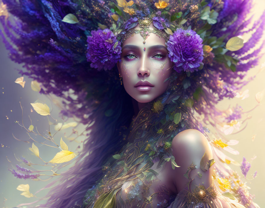 Fantasy portrait of woman with purple flower headdress and nature theme