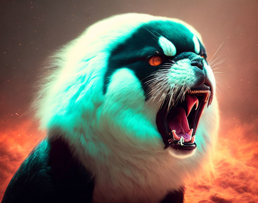 Fantastical cat-like creature with glowing turquoise fur on reddish starry background