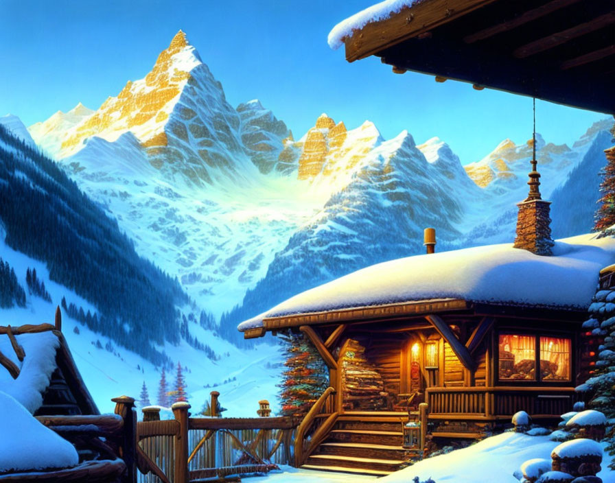 Snowy log cabin nestled among pine trees with snowy mountains in dusk sky