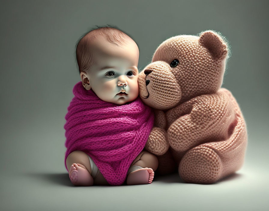 Digital Art Portrait of Baby with Pink Blanket and Teddy Bear