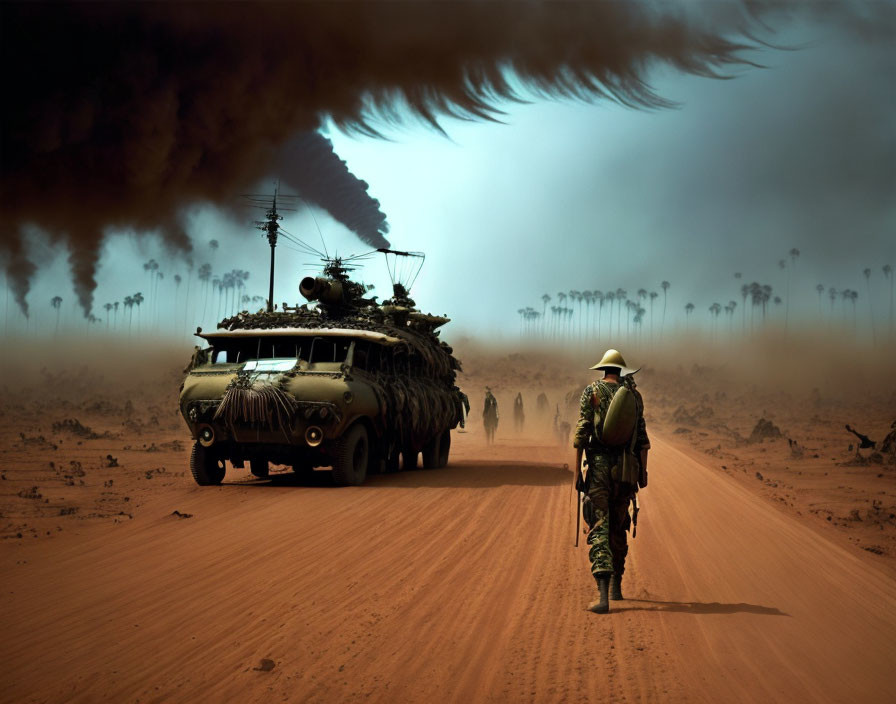 Military convoy with soldier walking on dusty road and smoke plume in background