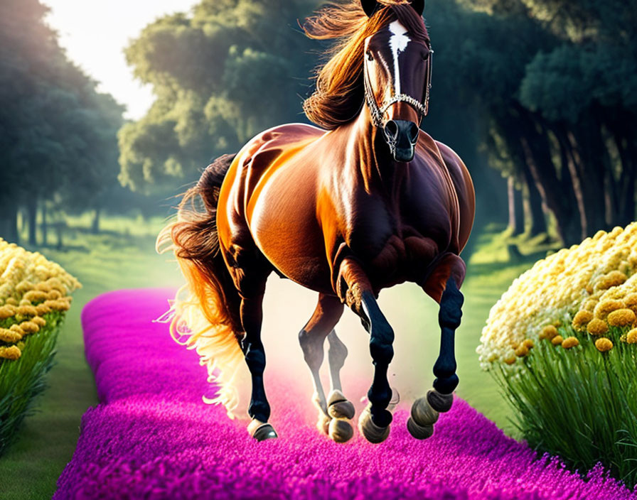 Majestic brown horse galloping on vibrant purple path