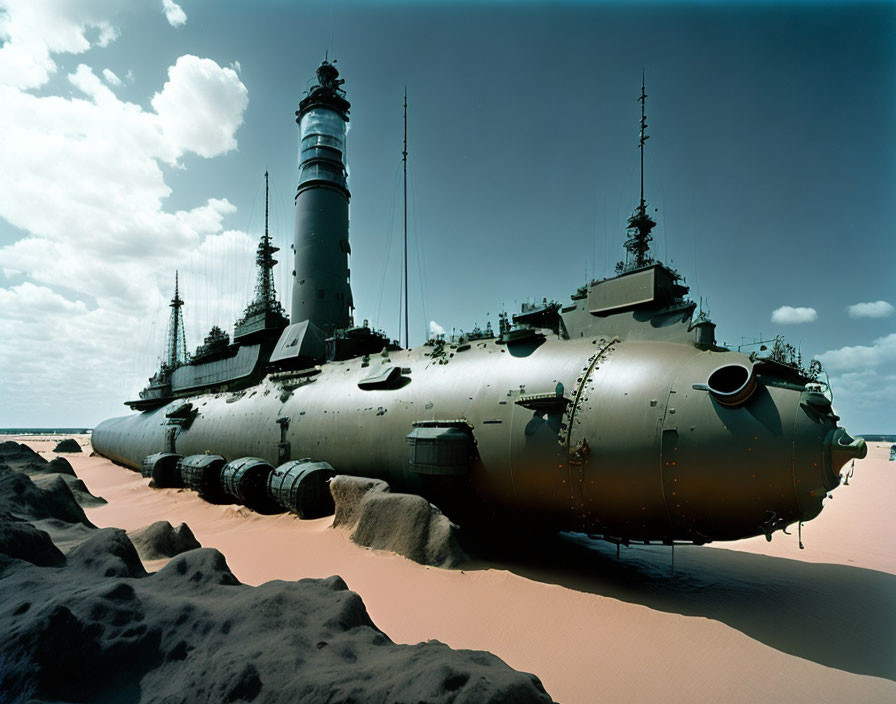 Massive battleship stranded on sandy shore under blue sky