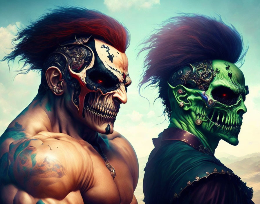 Stylized muscular figures with tattooed faces and punk mohawks in cloudy sky