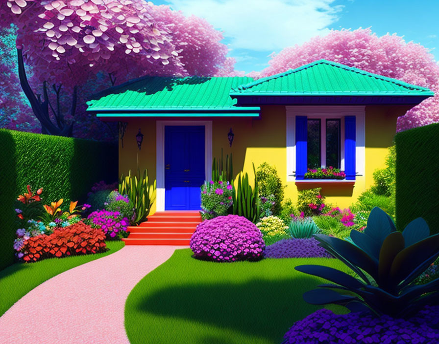Colorful illustration: Yellow house, blue door, lush gardens, pink trees