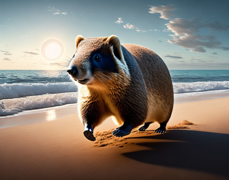 Whimsical oversized tanuki-like creature on serene beach at sunset