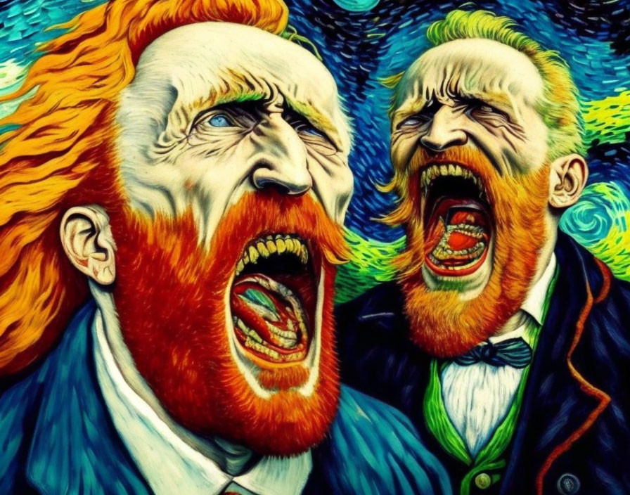Expressionistic painting of two men screaming on swirling background