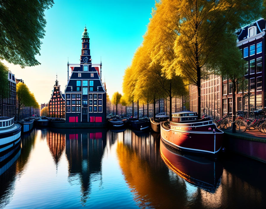 Historic buildings, moored boats, and bicycles along Amsterdam canal at dusk