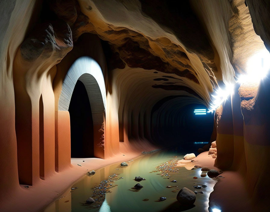 Majestic underground cave with arched stone pillars and serene waterway