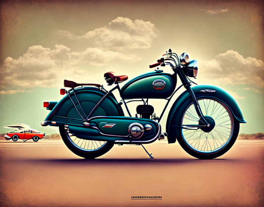 Vintage Teal and Black Motorcycle with Chrome Details and White-Walled Tires in Desert Setting