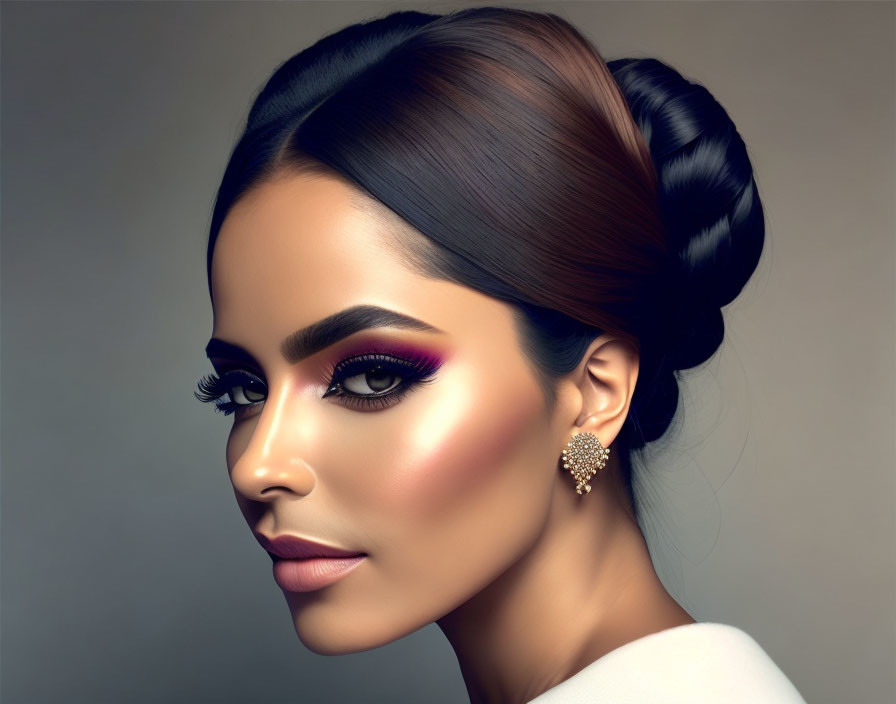 Digital portrait: Woman with sleek bun hair, purple eyeshadow, highlighted cheeks.