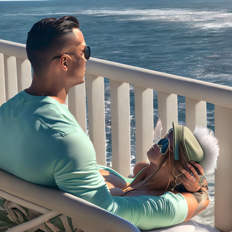 Man and woman relaxing on balcony by the sea on a sunny day