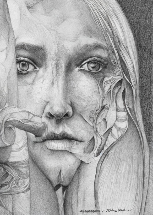 Detailed pencil-drawn portrait of a woman with intricate floral patterns blending into her face.