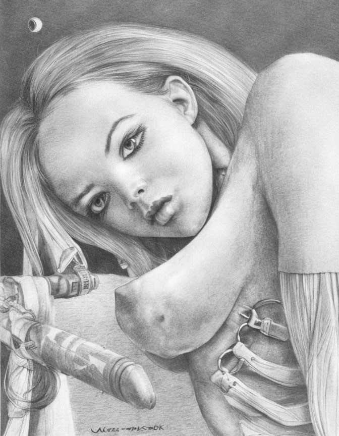 Detailed pencil sketch of a young woman with cybernetic limbs hugging knees