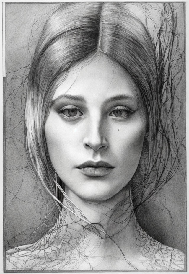 Detailed pencil sketch of a young woman with intricate hair and eyes.