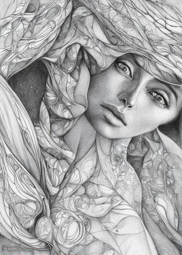 Monochrome pencil drawing of woman's face with intricate drapery.