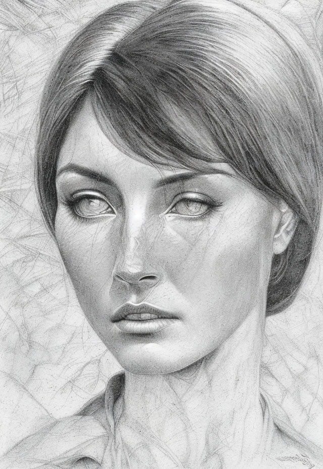 Detailed pencil sketch of contemplative woman with sharp features