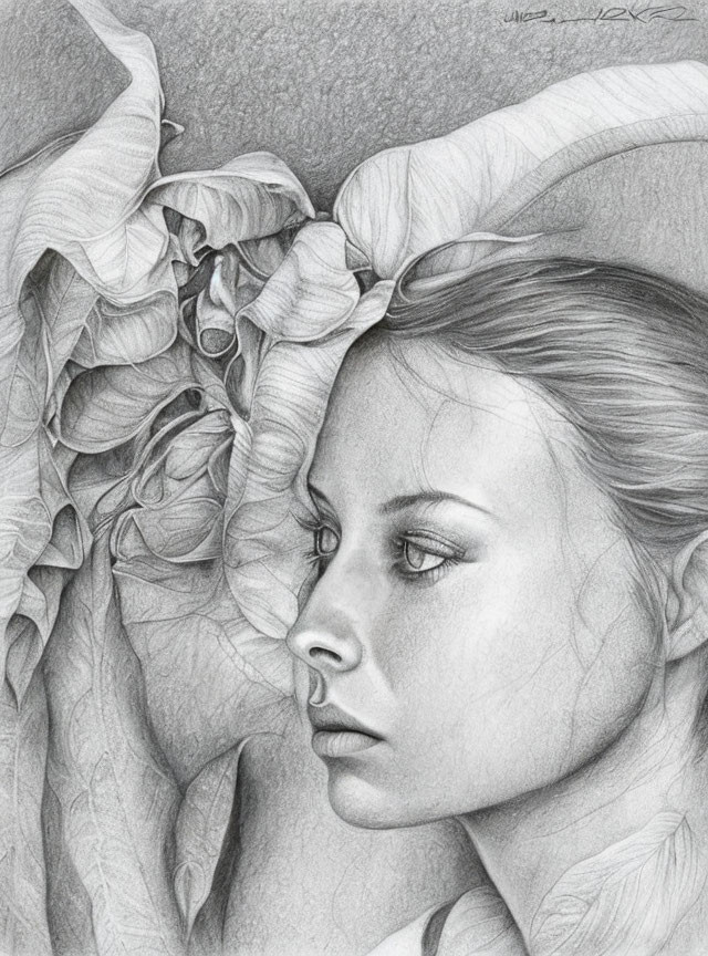 Detailed pencil sketch: Woman with serene expression, head on floral pillow, gazing sideways