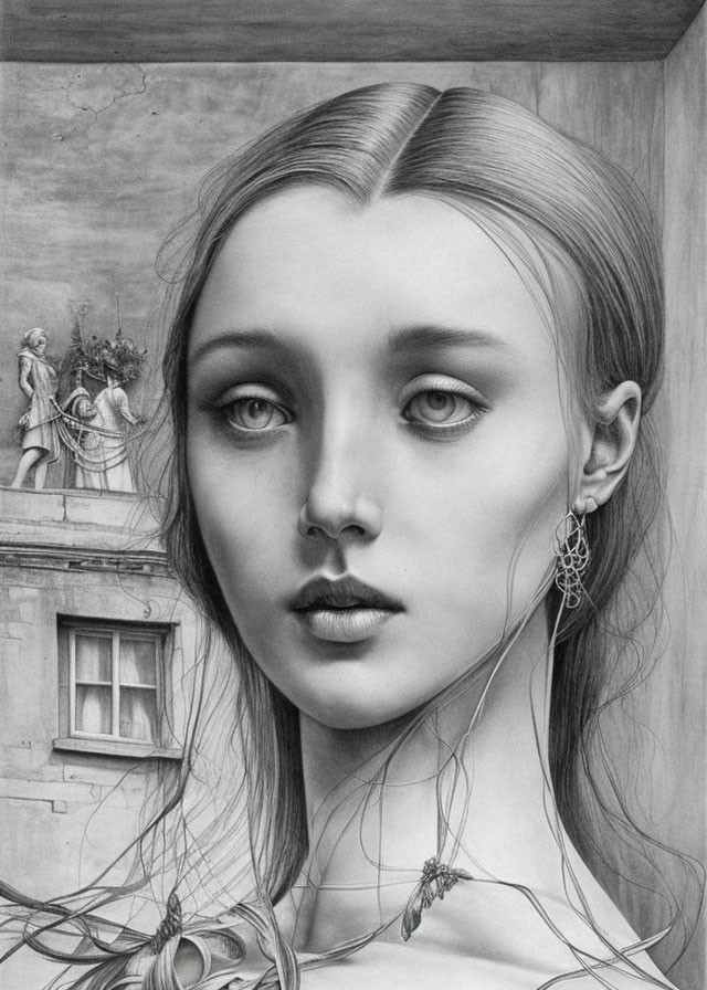 Detailed grayscale pencil drawing of a young woman with flowing hair and elegant earrings next to cherub statues.