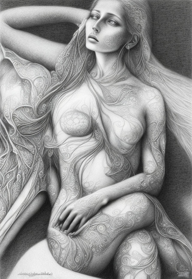 Monochrome nude female artwork with intricate body patterns and upward gaze