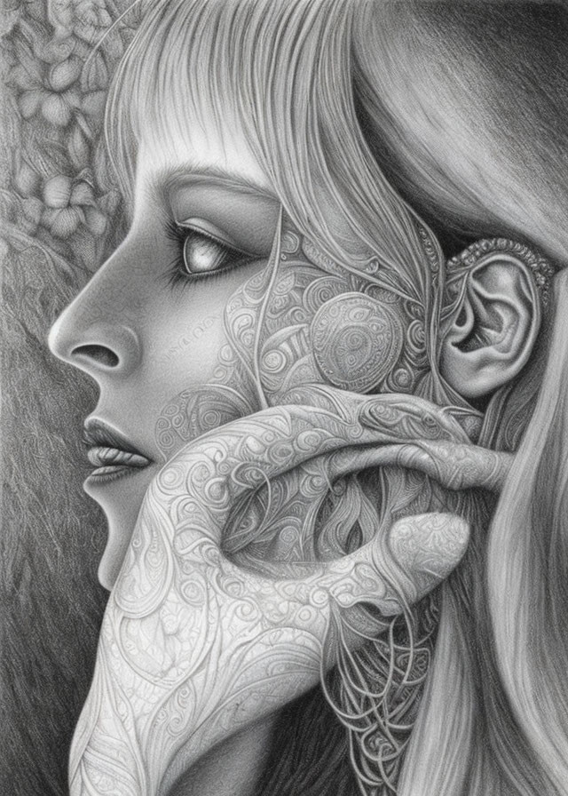 Detailed pencil drawing of woman with intricate hand patterns and flowing hair.