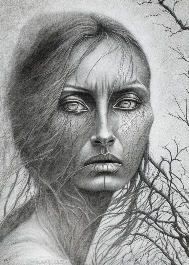 Detailed pencil drawing of woman with intense eyes and cracked earth textures, bare tree branches in background