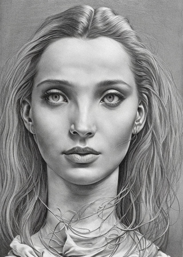 Detailed pencil-drawn portrait of a woman with flowing hair and introspective gaze