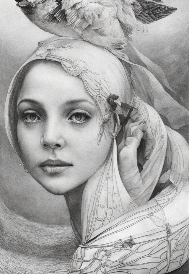 Detailed pencil sketch of woman with headscarf and bird gaze.