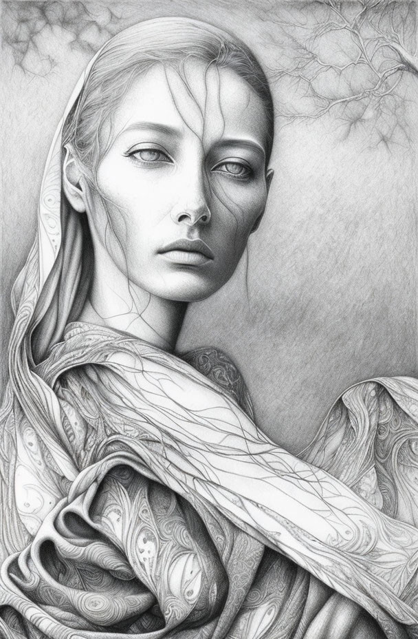 Detailed pencil drawing of contemplative woman wrapped in ornate cloth with merging tree branches