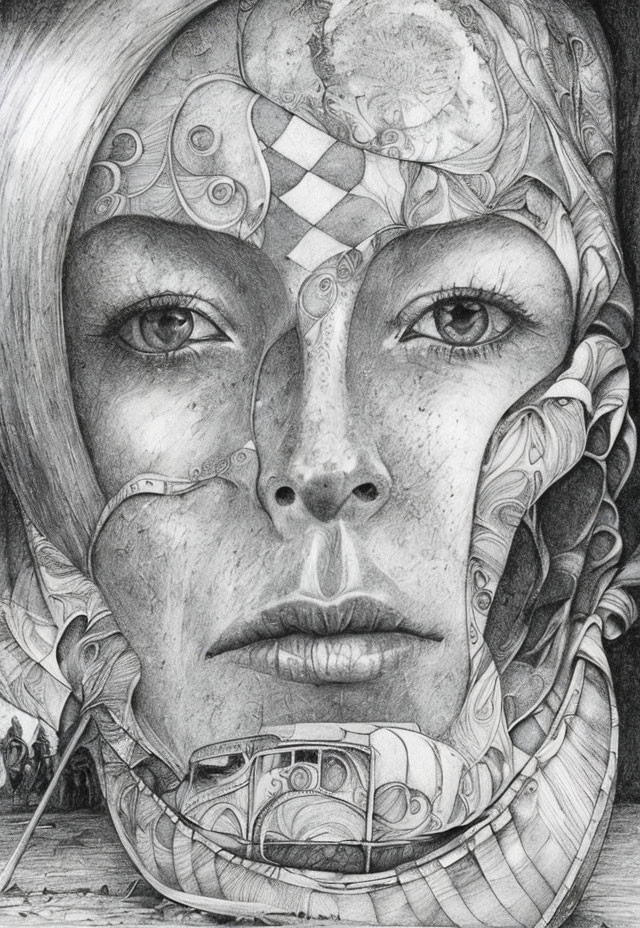 Detailed pencil drawing: Woman with half-organic, half-mechanical face, intricate patterns, futuristic