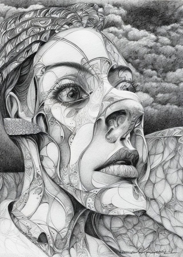 Detailed pencil drawing: Woman with intricate face patterns against cloudy sky