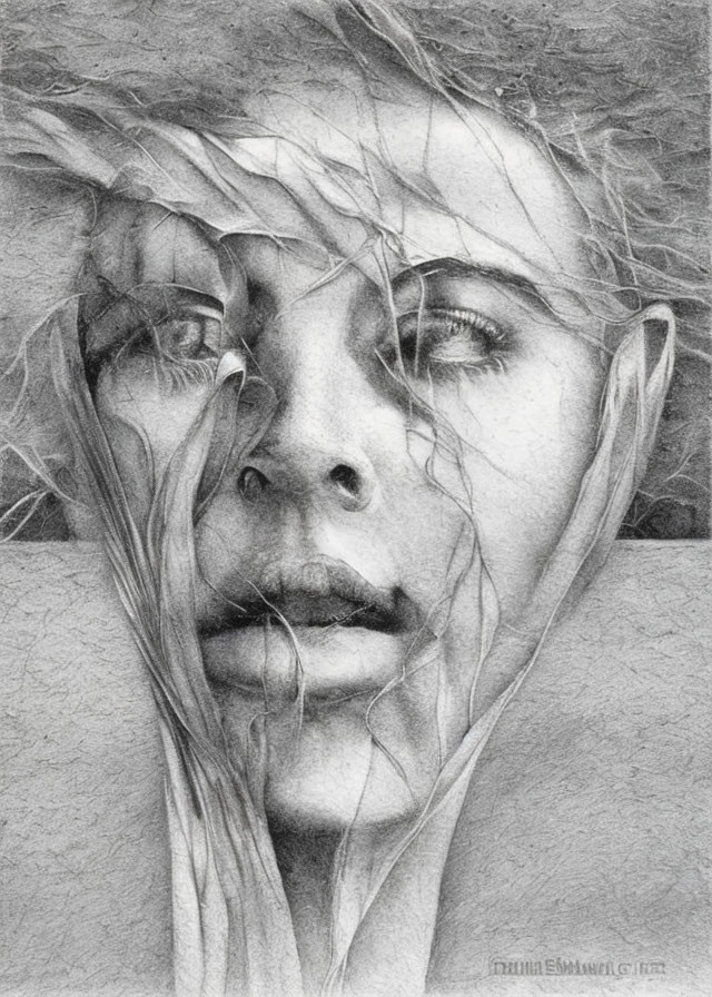 Detailed pencil sketch of a woman's face with partial veil, textured hair strands.