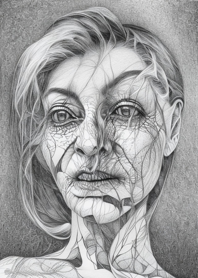 Detailed pencil drawing of aging woman with textured face and cracked surface patterns.