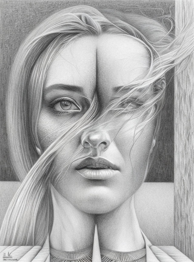 Detailed split-face pencil drawing of a woman with flowing hair.