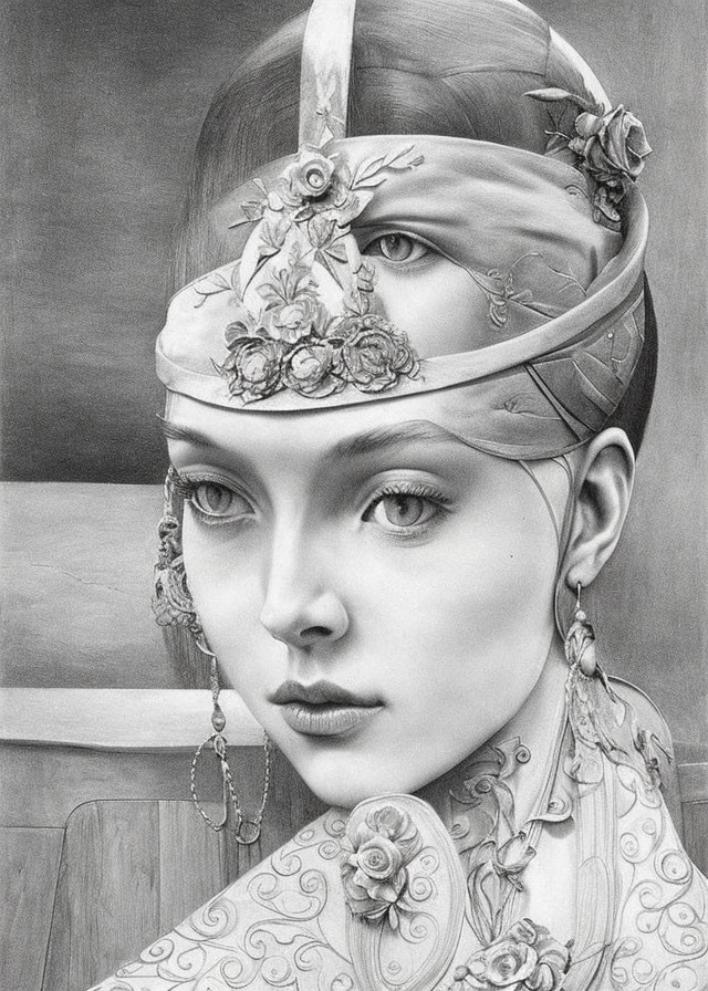 Monochrome portrait of woman in floral head wrap and detailed earrings