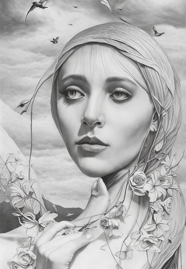 Monochrome drawing of woman with floral details under cloudy sky