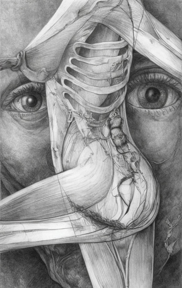 Detailed pencil drawing of human face with merged anatomical sketch of muscles and bones, emphasizing eye and skeletal