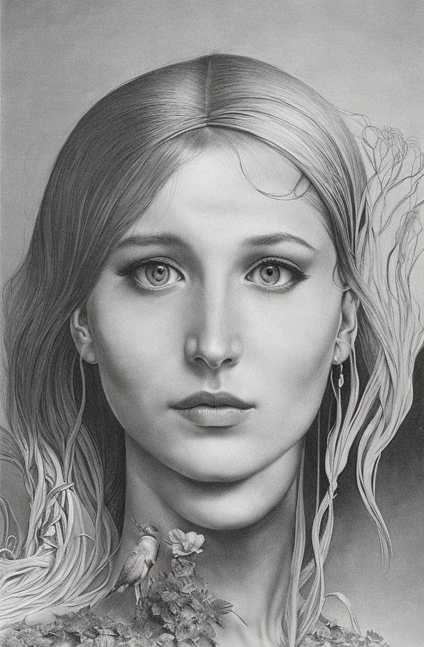 Detailed pencil drawing of young woman with long hair and intense eyes.