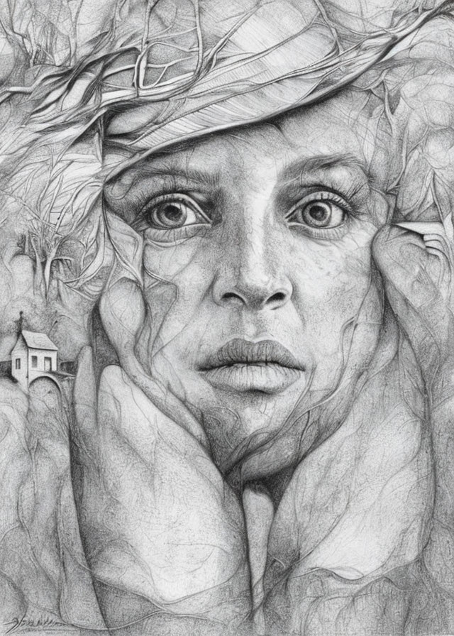 Detailed pencil sketch of woman's face with expressive eyes, surrounded by textured leaves veil and small house in