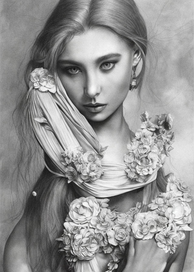 Detailed pencil sketch of a woman with floral adornments, ethereal beauty, and striking eyes.