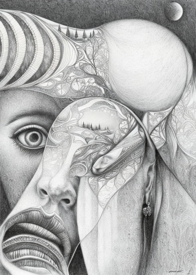 Surreal pencil drawing of a woman's face with intricate patterns and landscape reflection.