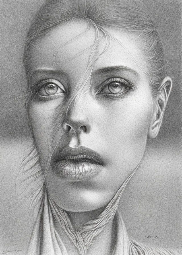 Detailed pencil sketch of a woman with windswept hair and intense gaze