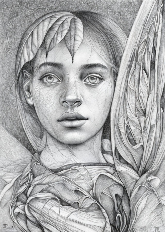 Woman's portrait with leaf patterns and organic textures.