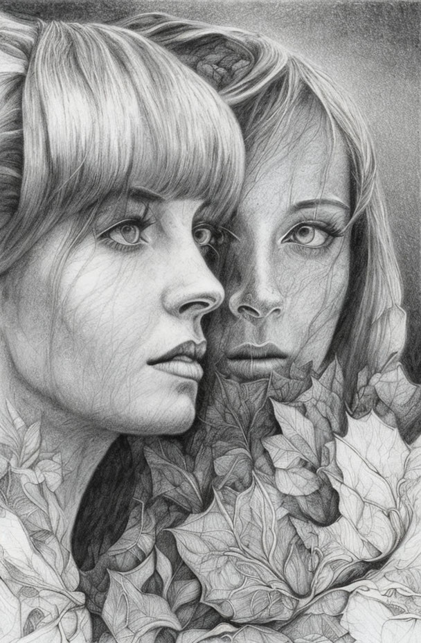 Detailed pencil sketch of two women's faces with expressive eyes and intricate leaf patterns