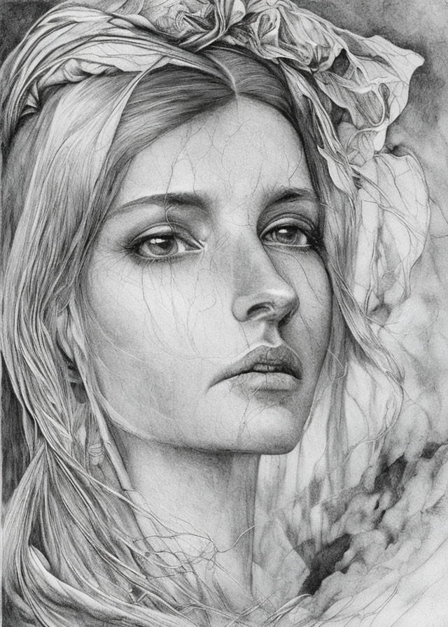 Detailed monochrome pencil sketch of woman in headscarf with contemplative gaze.