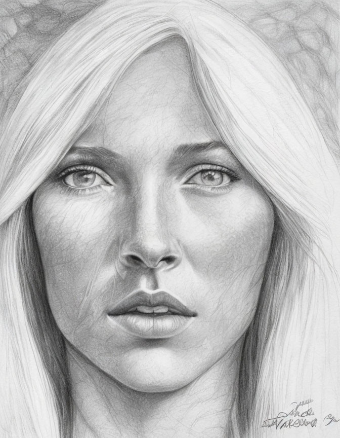 Detailed pencil sketch of a woman with flowing hair and intense gaze.