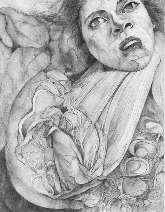 Detailed pencil drawing of woman with intense gaze and abstract flowing shapes.