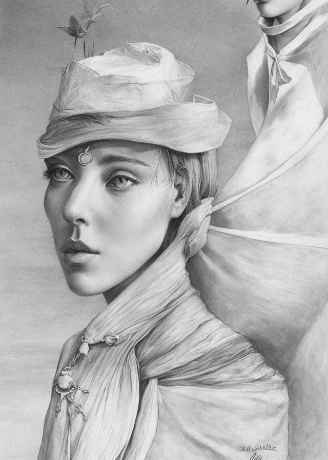 Detailed pencil drawing of a woman in stylish hat and scarf with serene expression and butterfly.