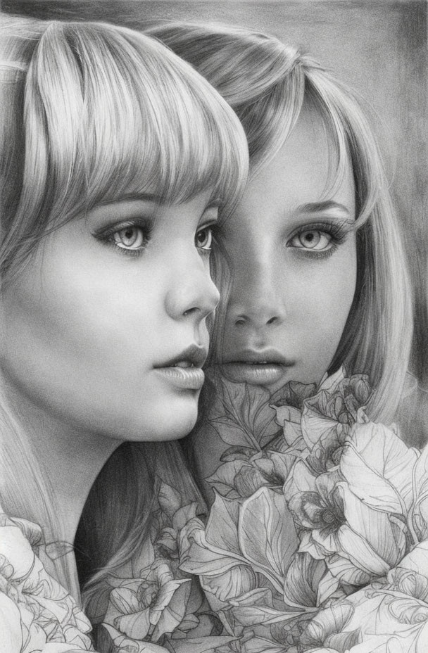 Detailed pencil-drawn portrait of two women with intricate eyes and hair, surrounded by illustrated flowers.