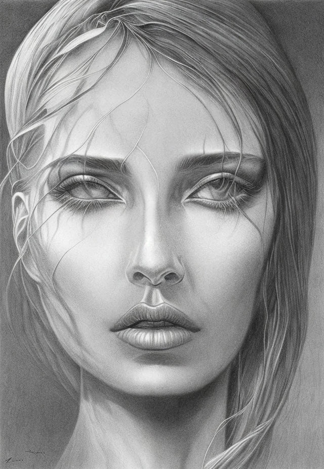 Detailed pencil sketch of a woman with intricate hair and facial features.